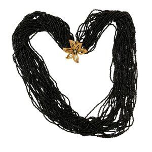 Multi Strand Black Seed Bead Gold Tone Flower Clasp Necklace